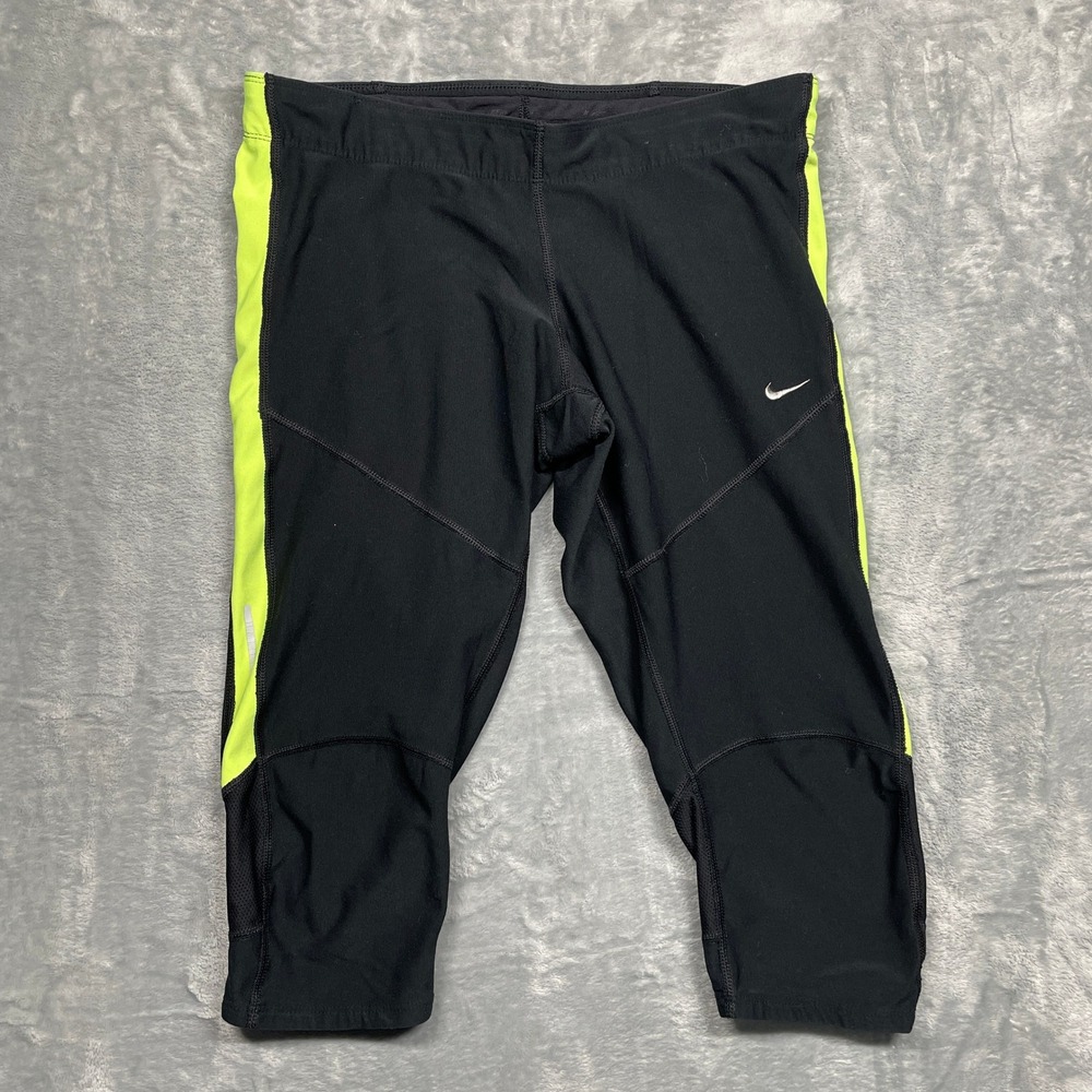 Nike Running Capris Women Medium Black Neon‎ Yellow Dri-FIT Mesh Leggings